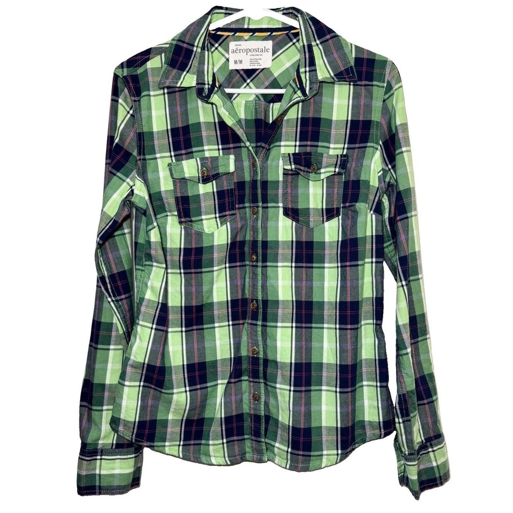 Aéropostale Womens Medium Green Plaid Button Front Shirt Long Sleeve 100% Cotton